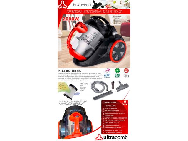 Aspiradora Ultracomb 3.5 Lts 2000w Sin Bolsa As 4228 H.e.p.a