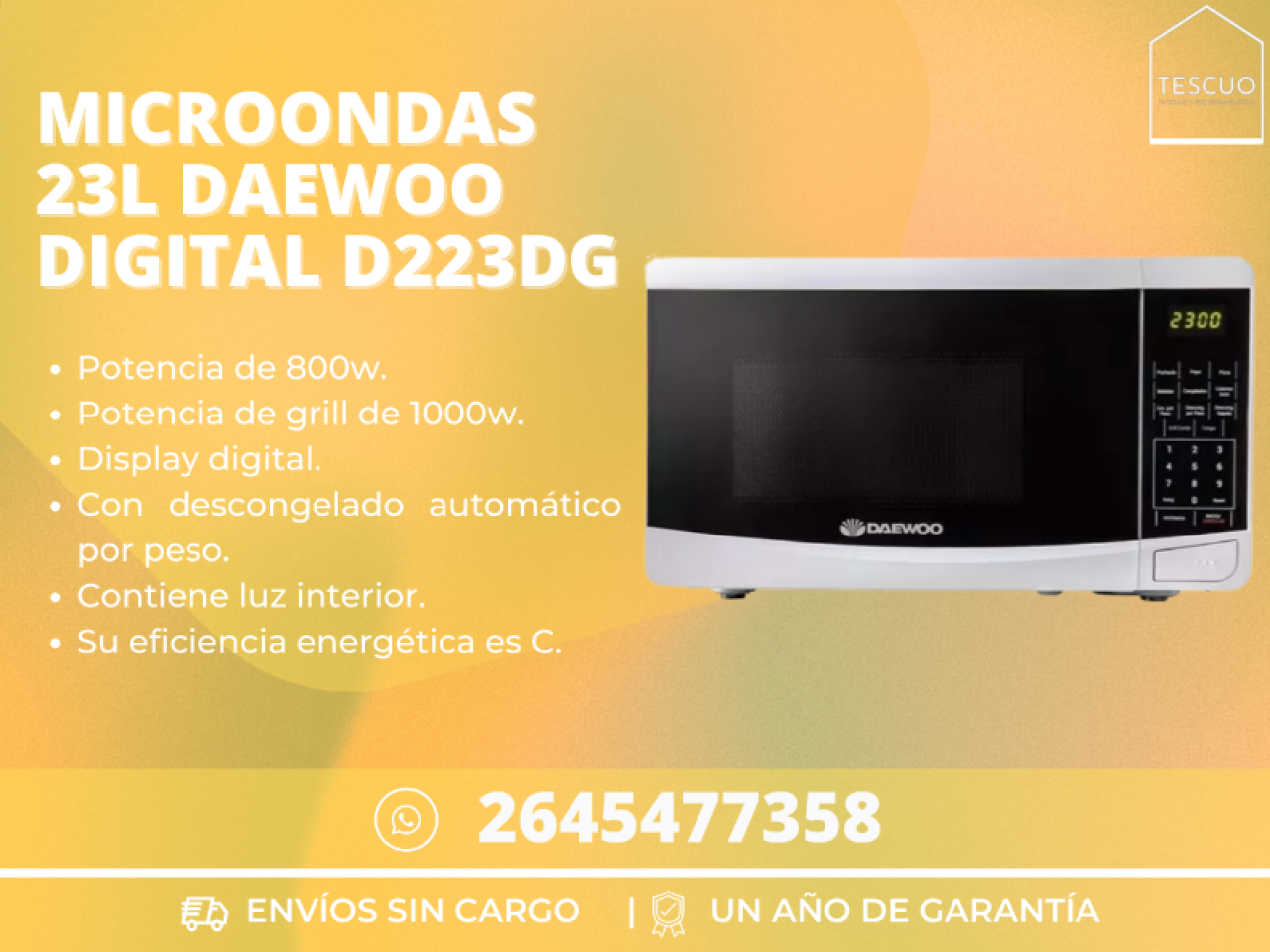 Microondas Con Grill Daewoo Digital 23 Litros Blanco D223dg