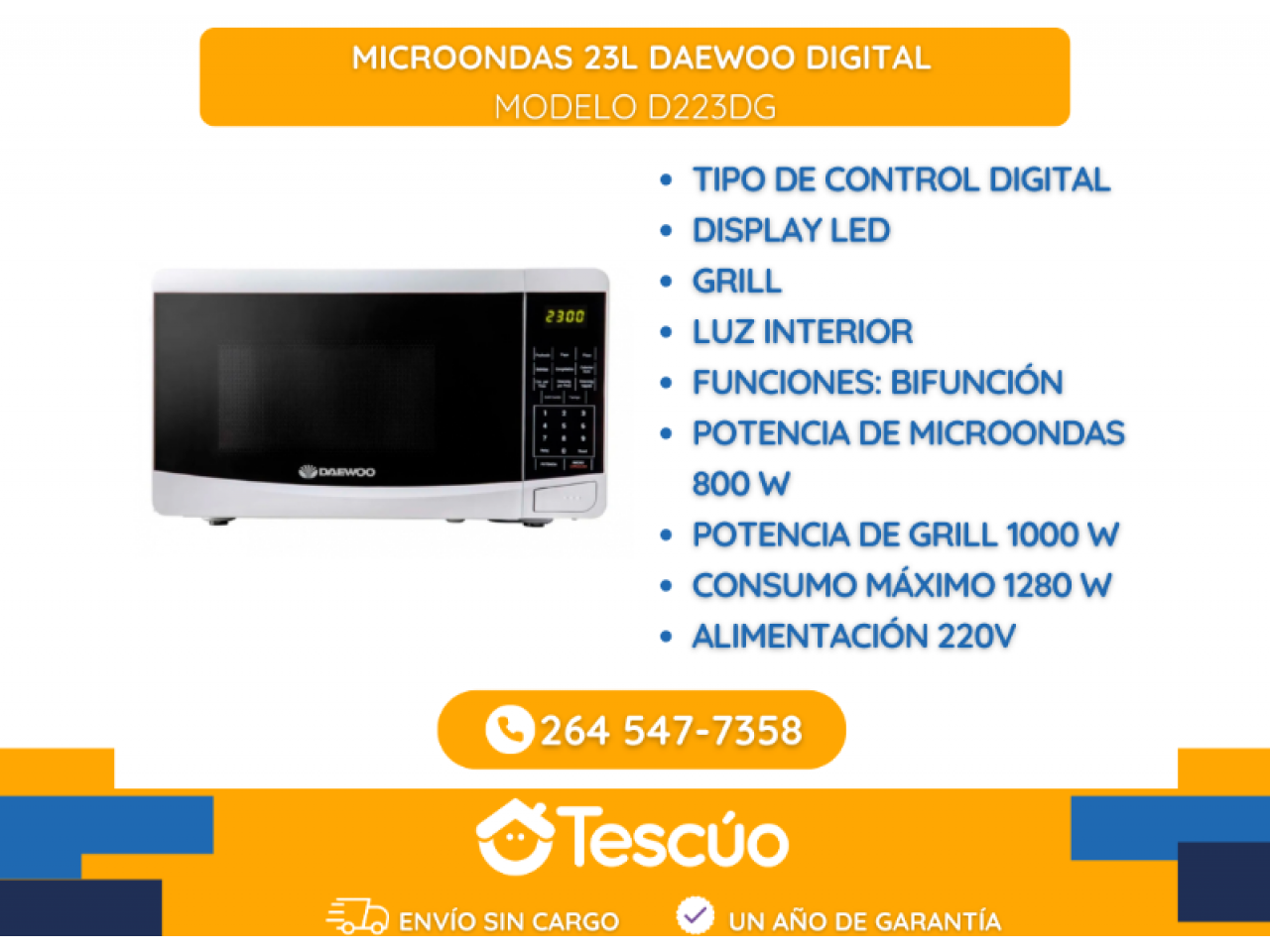 Microondas Con Grill Daewoo Digital 23 Litros Blanco D223dg